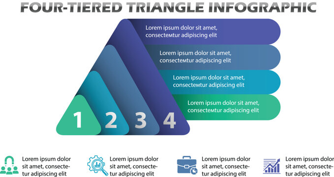 Vibrant Four-Step Pyramid Infographic With Colorful Ribbons and Layered Bars for Business Data Visualization, Strategy Planning, Workflow Presentation, Marketing Insights, and Corporate Reports