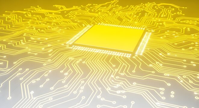 A yellow toned image showing a computer chip with intricate circuit board patterns surrounding it