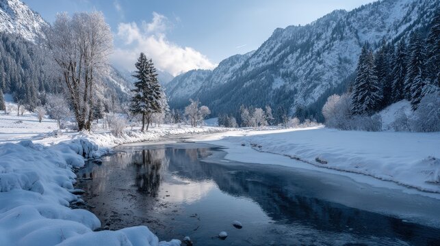 Icy river flowing through snow covered valley with frosted trees and mountains winter stream
