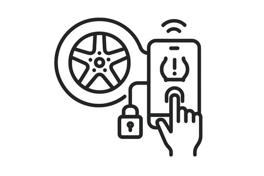 Smart tire pressure monitoring system displayed on a mobile phone screen connected to a car wheel and security lock