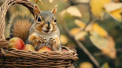 Closeup squirrel exploring fruit basket in forest tone