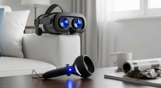 Immersive technology setup with virtual reality headset and controller on a couch