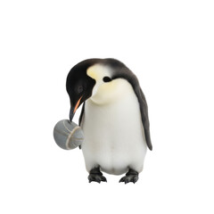 Fototapeta premium Adorable baby emperor penguin holding a small round object in its beak on a black background