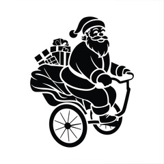Santa riding a bicycle carrying gift bag in bold Christmas silhouette vector artwork, Ideal for holiday prints, festive branding, winter campaigns, greeting cards, and seasonal creative designs