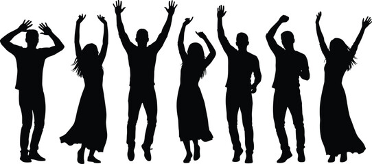 Energetic group silhouette dancing together with raised hands, celebrating joyful moment in unity, dynamic party crowd movement on white background
