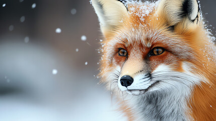 Obraz premium Closeup winter fox with frosted whiskers, soft snow backdrop