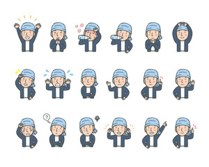 作業服を着た男性の複数の表情とポーズの上半身イラストセット