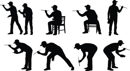 Collection of worker silhouette poses performing various tasks with tools, standing and bending positions, professional handyman vector illustration set