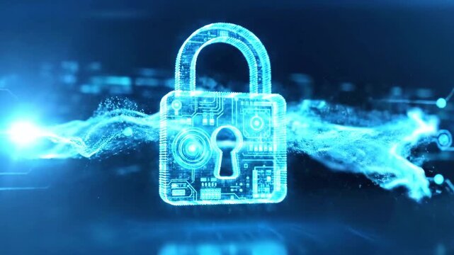 Futuristic glowing padlock with circuit lines, holographic blue security in cyberspace. in neon blue