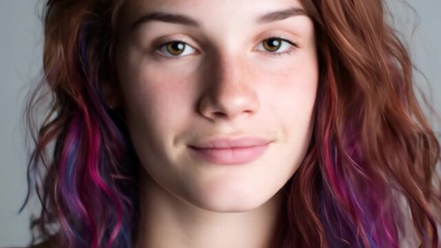 Young person with vibrant colorful hair looking at camera and smiling on a neutral background