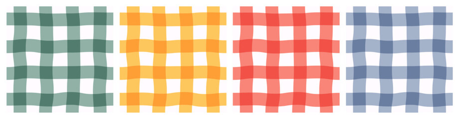 Set of classical, seamless, cute, modern bright geometric checkered multicolored patterns ; transparency effect; in yellow, red, green, and blue; simple hand-drawn vector illustration, flat style