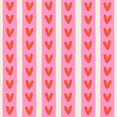 Abstract seamless modern girly cute pattern of vertical pink stripes in a row with red hearts on a light background; Valentine's Day background; simple vector hand-drawn illustration, flat style