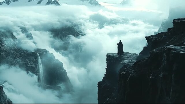 Mysterious figure overlooking misty mountain landscape - Powered by Adobe