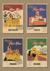 Happy New Year Greeting Cards, European Countries Attractions Postcards Retro Illustrations. Montenegro Ostrog Monastery, Croatia Trakoscan Castle,  Romania Bran Castle, Bulgaria Kaliakra Fortress