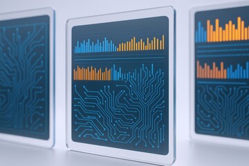 Digital Interface Displays with Electronic Circuit Board Designs and Data Visualizations for Technology Applications