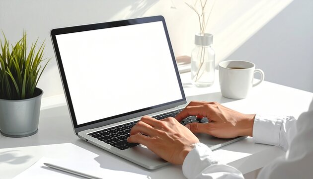 Fingers typing blank white screen laptop shown in a clear, simple scene ideal for mockup business presentations, highlighting clean workspace aesthetics and focusing on practical digital use for creat
