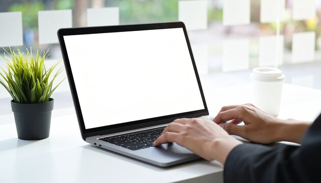 Fingers typing blank white screen laptop shown in a clear, simple scene ideal for mockup business presentations, highlighting clean workspace aesthetics and focusing on practical digital use for creat
