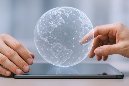 Global Connection: Hands Interact with Digital Earth Globe on Tablet Display for Business Solutions
