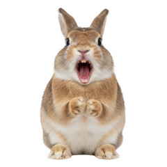 Obraz premium Adorable small brown rabbit with open mouth and surprised expression isolated on black