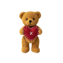 Adorable teddy bear holding a stitched red heart symbol of love and affection