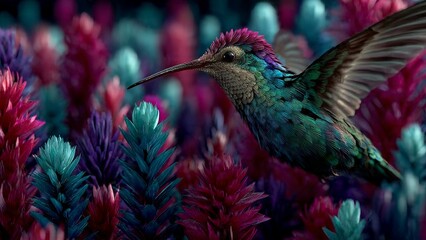 Fototapeta premium Vibrant Hummingbird in a Fantasy Botanical Garden