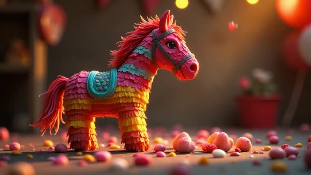 A colorful pinata horse surrounded by a field of candies, perfect for kids' party decorations or creative s