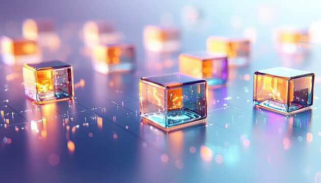 Abstract digital network with glowing transparent cubes and illuminated circuits, suggesting data flow and connectivity in a futuristic, technological environme
