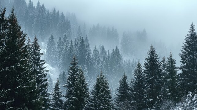 Dense evergreen forest covered in snow with mist rolling through winter trees
