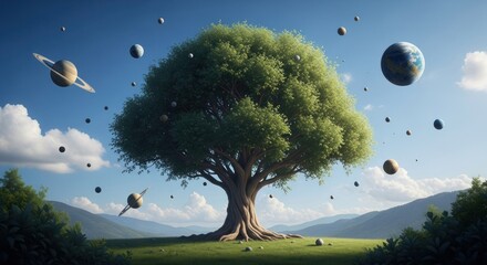 A large, vibrant green tree stands in a field with small planets and moons, including Saturn and Earth, floating around it in a clear blue sky, creating a surreal cosmic landscape.