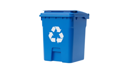 Sustainable blue recycle bin with universal symbol isolated on white background promoting eco-consciousness and waste management