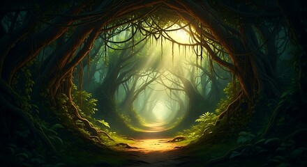 Mystical forest path bathed in ethereal sunlight filtering through vines