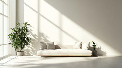 Minimalist living area with lowprofile furniture and soft shadows