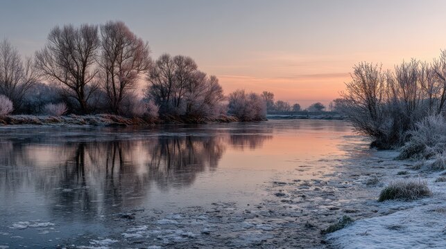 Frozen riverbank with frosted trees at sunrise with pastel sky winter