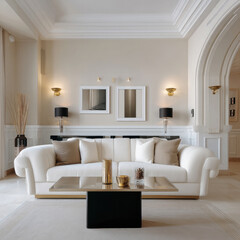 White sofa with beige cushion, gold decor, glass coffee table, modern living room, elegant lighting, neutral wall, luxury style
