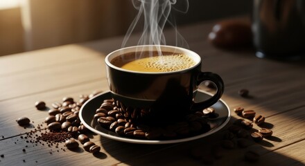 Fototapeta premium Steaming coffee in a dark cup surrounded by roasted beans on a wooden surface