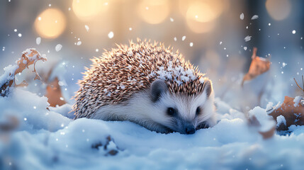 Winter hedgehog curled with snowy surroundings, gentle mood