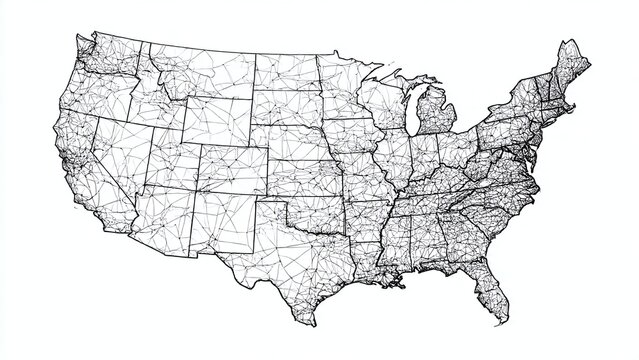 Connected USA map displaying digital networks, transportation routes, and communication systems across the nation on white background