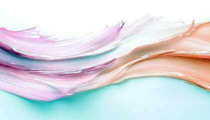 Abstract swirls of pastel pink, purple, and peach cream makeup swatches creating a flowing wave pattern against a soft light blue and white background. The ligh