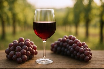 Naklejka premium Elegant glass of red wine with grapes in a vineyard setting for a sophisticated lifestyle
