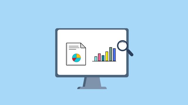 Animated Business Data Analysis with Charts and Graphs on Computer Screen.