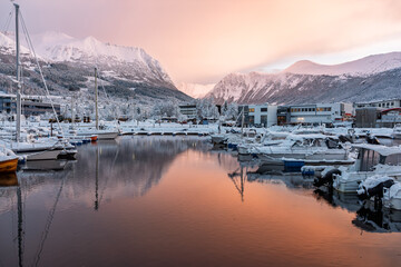 A serene marina filled with snow-covered boats is illuminated by a soft sunrise glow. Mountains tower in the background, creating a picturesque winter scene.