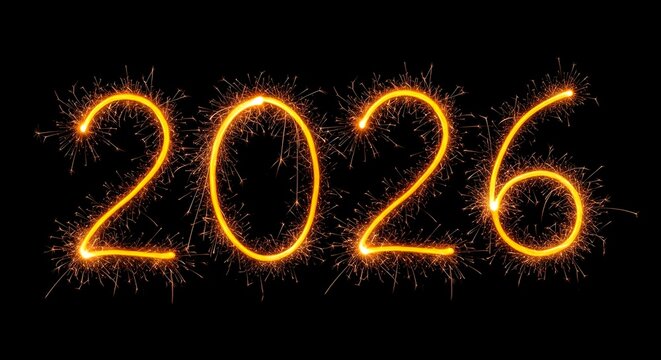 Sparkling light painted number 2026 on black background for new year