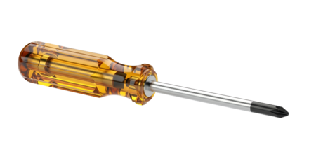Precision Instrument: A close-up view of a screwdriver, highlighting its clear amber handle and the details of its metallic shaft on a neutral