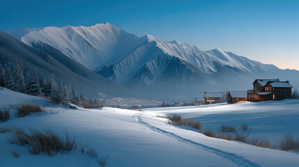 Snowy mountain landscape with wooden cabin, pine tree, blue sky, winter evening, peaceful, serene, distant village lights