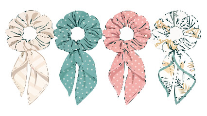 Charming collection of stylish scrunchies with ribbon ties, perfect for adding a touch of flair to any hairstyle, originally a scalable graphic