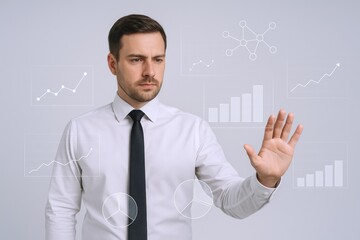 Businessman Interacting with Digital Data Visualization and Charts, Analyzing Business Trends and Performance Metrics for Strategic Decisions