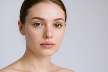 Natural Beauty Portrait of a Young Woman with Clean, Healthy Skin on a Neutral Background