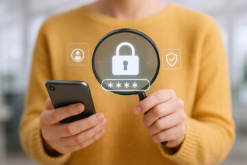 Online Security Concept: Person Holding Magnifying Glass Over Secure Password on Mobile Device Screen