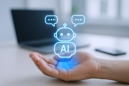 Hand Presenting an AI Chatbot Hologram with Laptop Background, Illustrating Future Technology and Business Solutions - Powered by Adobe