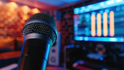 Close-up of microphone in colorful sound studio with blurred background